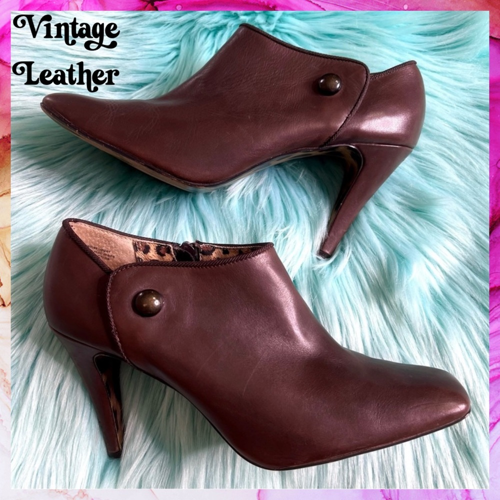 Alfani Brown Y2K LEATHER Ankle Booties Square Toe Stiletto Heel Women’s 9.5